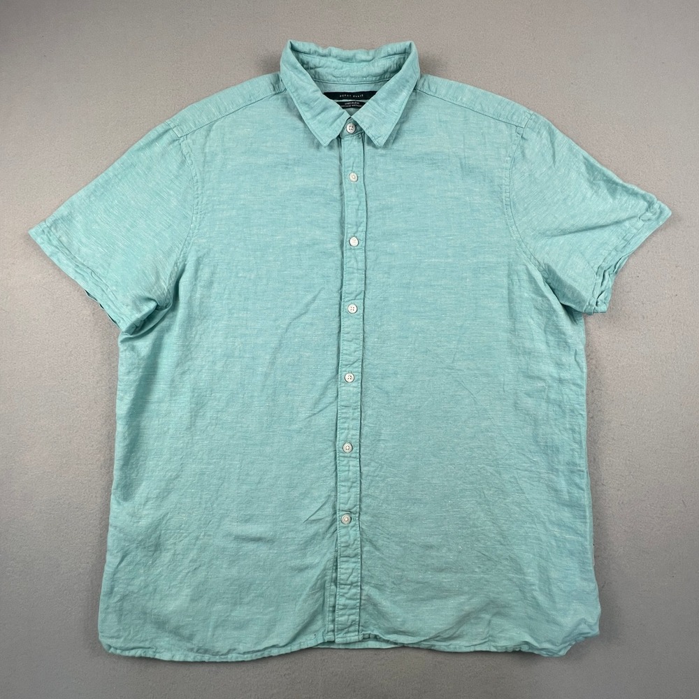 Perry Ellis Button Up Shirt Womens XL Aqua Blue Linen Blend Short Sleeve Casual